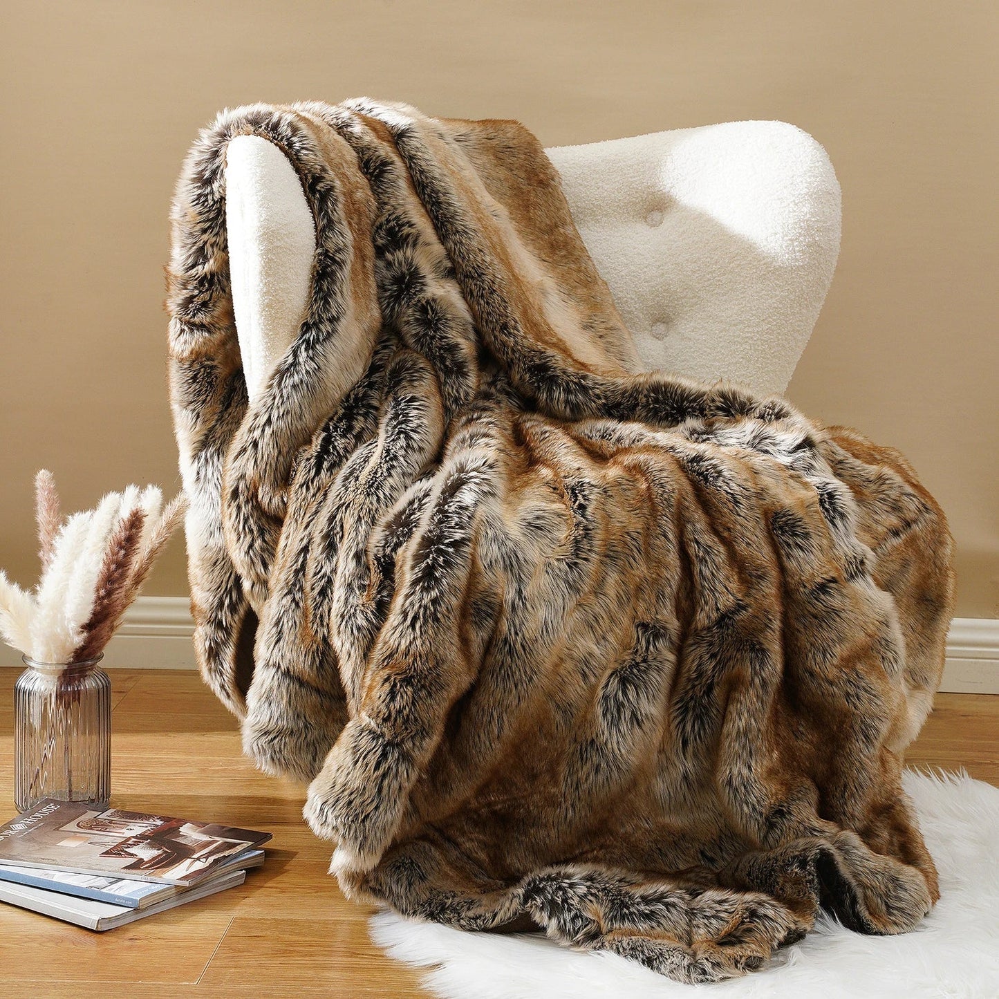 Kunstfell-Decke Flauschig Warm Beige Für Sofa Schlafzimmer