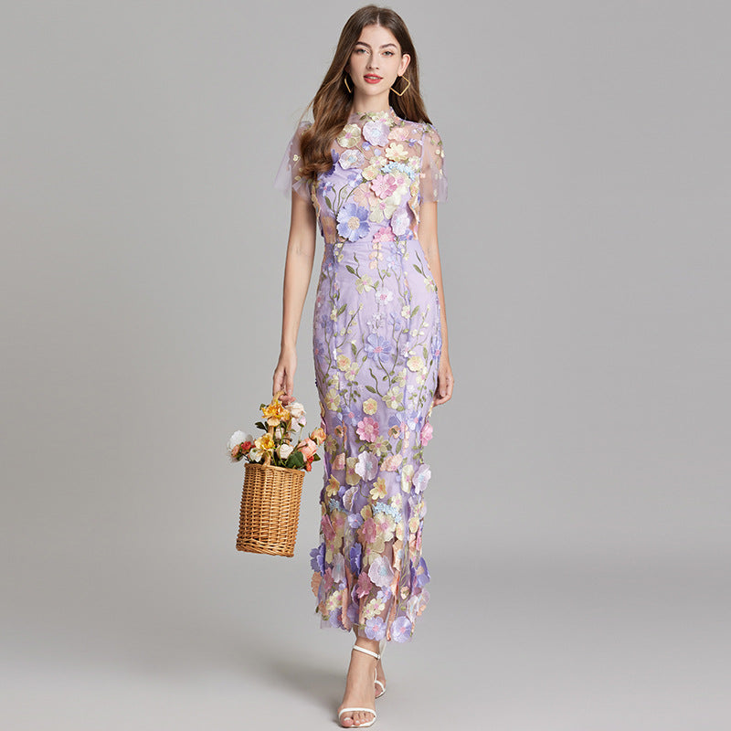 Damen Maxikleid Transparent Blumenstickerei