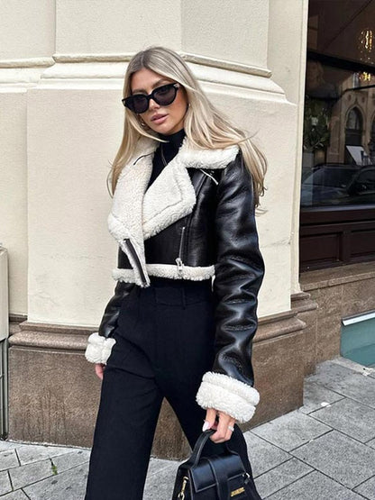 Damen Kunstlederjacke Warm Schwarz - Norvielle