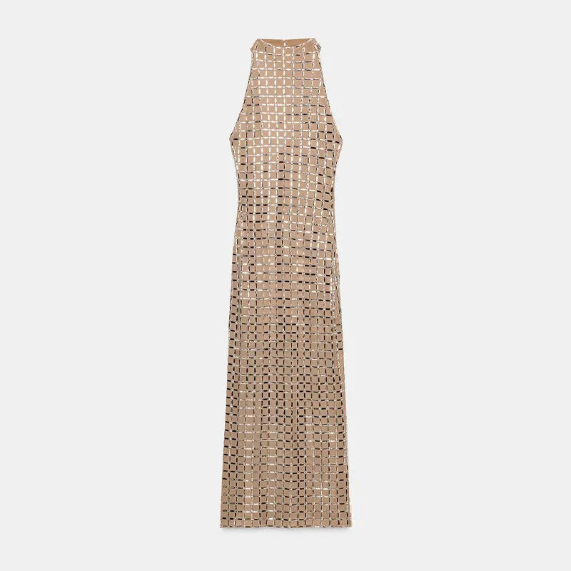 Lurevienne Damen Maxi Abendkleid Spiegelsteine Halterneck