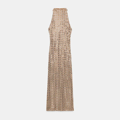 Lurevienne Damen Maxi Abendkleid Spiegelsteine Halterneck