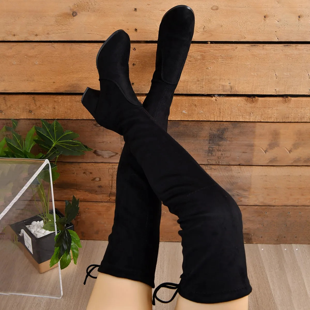 Damen Overknee Stiefel Blockabsatz Hoch Schaft