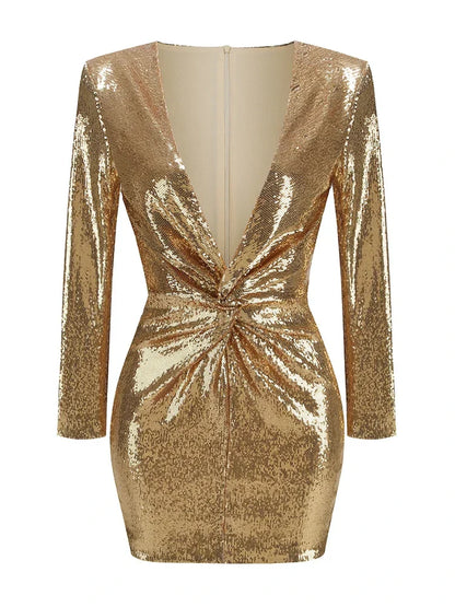Hanna Damen Mini Kleid Pailletten Plissee Langärmlig