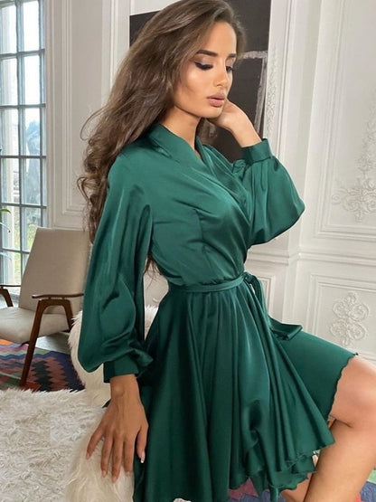 Damen Satin Kleid Lange Ärmel Rüschen