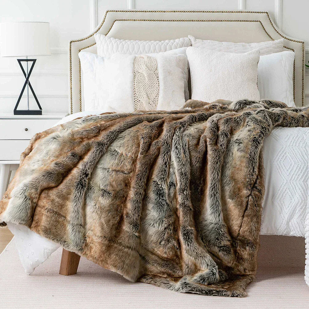 Kunstfell-Decke Flauschig Warm Beige Für Sofa Schlafzimmer
