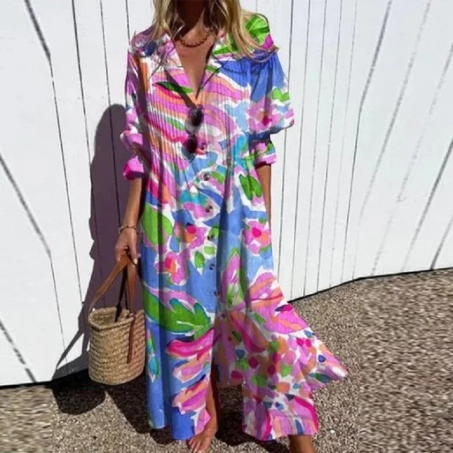 Damen Maxikleid V-Ausschnitt Lang Boho-Stil