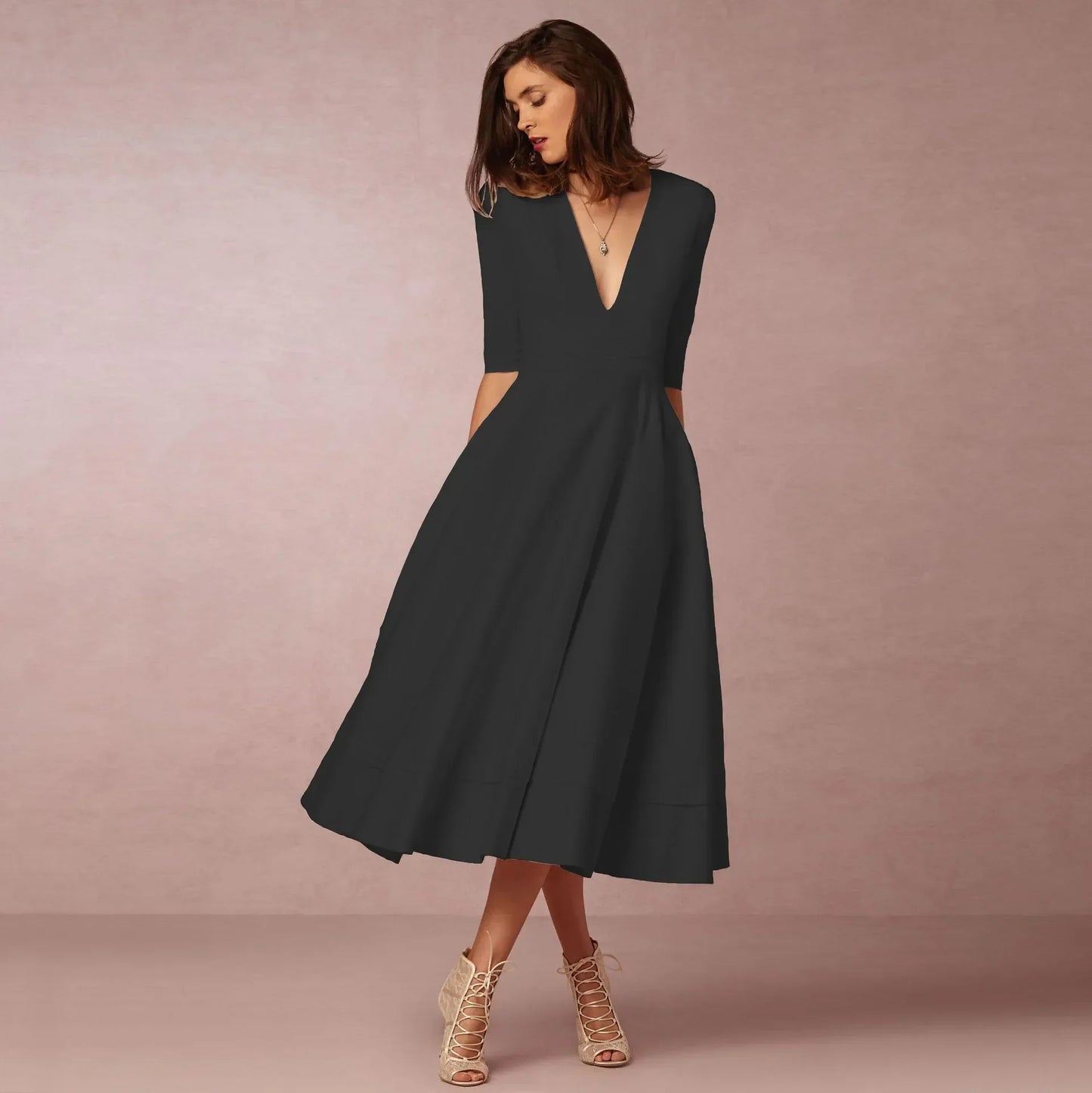 Damen Hochzeitsgastkleid V-Ausschnitt Midi