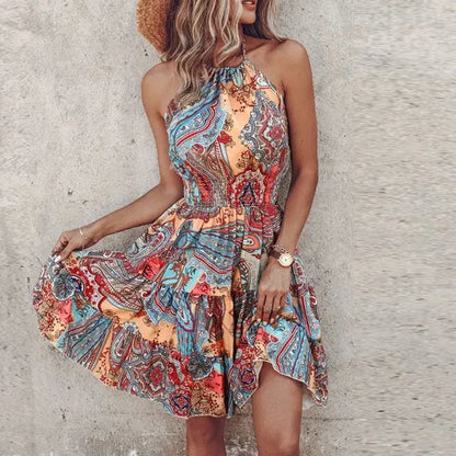 Damen Sommerkleid Ärmellos Boho-Print Tailliert