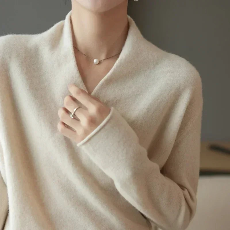 Damen Wickelpullover V-Ausschnitt Wollig Beige