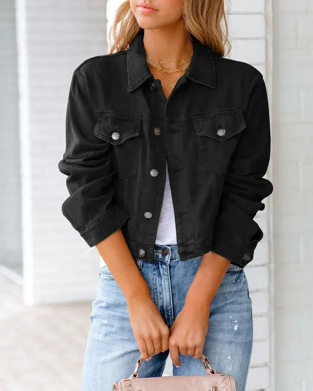 Damen Denimjacke Lange Ärmel Einfach