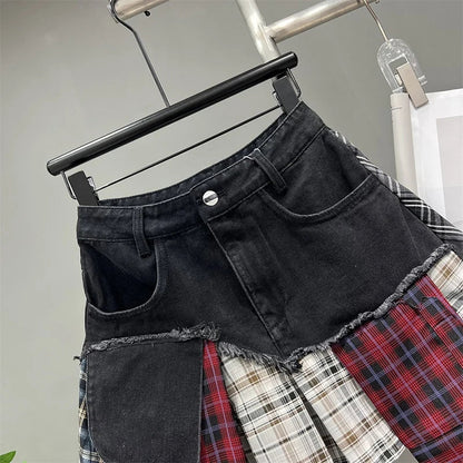 Damen Denim Mini-Rock Patchwork Kariert Hochtaille Dunkelblau