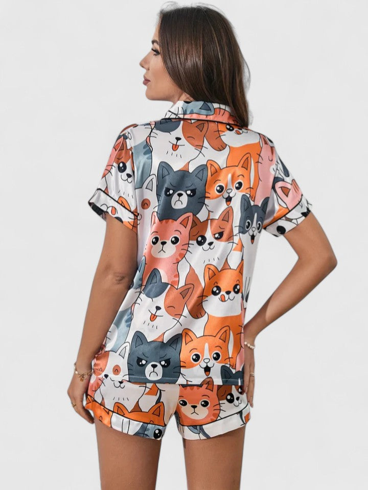 Damen Kurzarm Pyjama Set Katzenmotiv - Norvielle