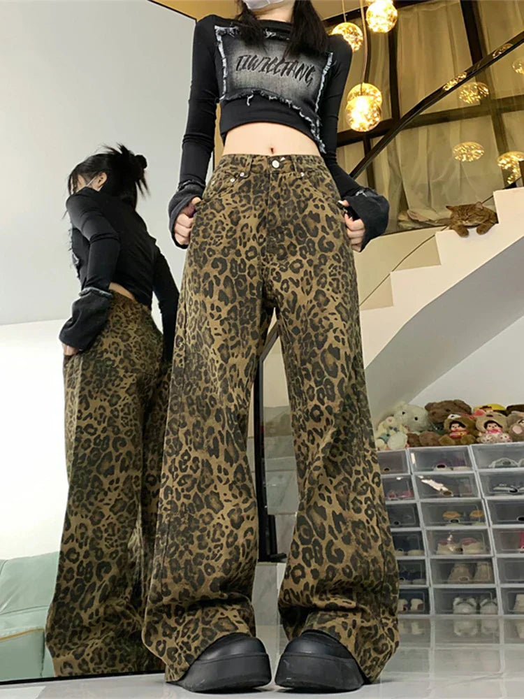Damen Jeans Weites Bein Leopardenmuster