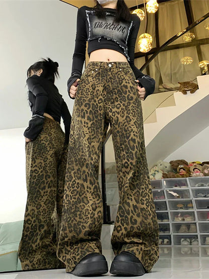 Damen Weite Jeans Leopardenmuster