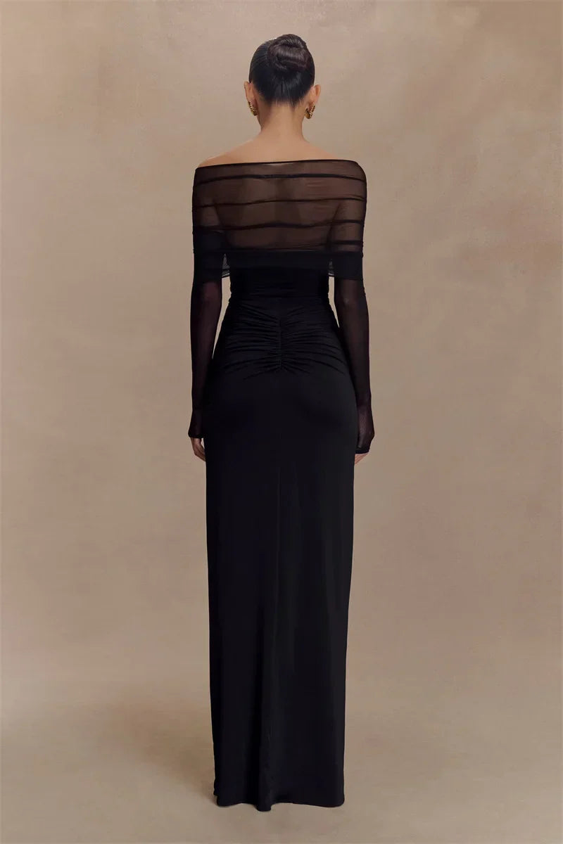 Damen Maxikleid Schulterfrei Cut-Out Länge Langärmlig