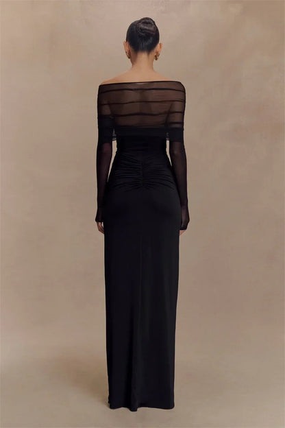 Damen Maxikleid Schulterfrei Cut-Out Länge Langärmlig