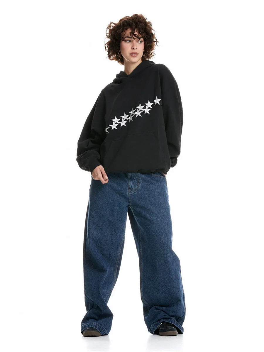 Damen Oversized Hoodie Sternen-Print Grau