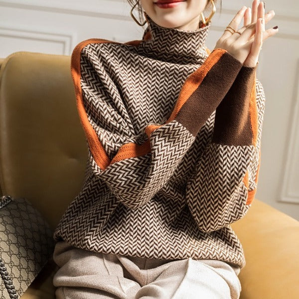 Damen Rollkragenpullover Fischgrät Muster Weich Grau