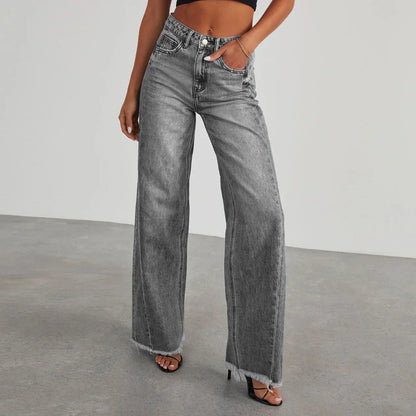 Damen Weitbein Jeans Grau Raw Hem - Norvielle