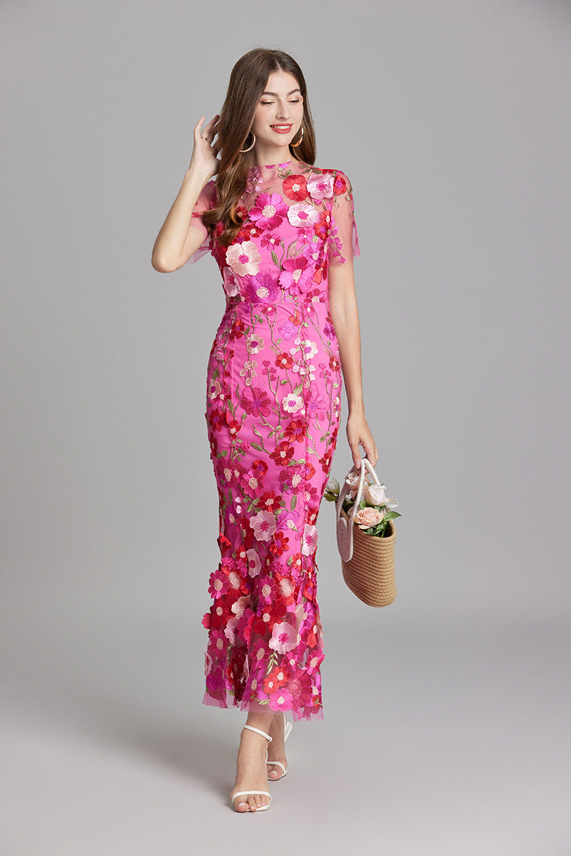 Damen Maxikleid Transparent Blumenstickerei