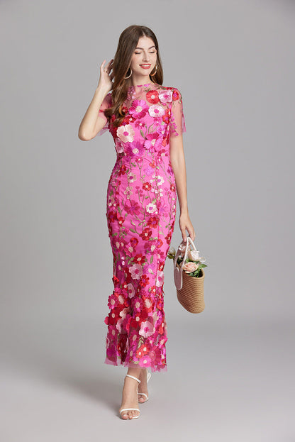 Damen Maxikleid Transparent Blumenstickerei