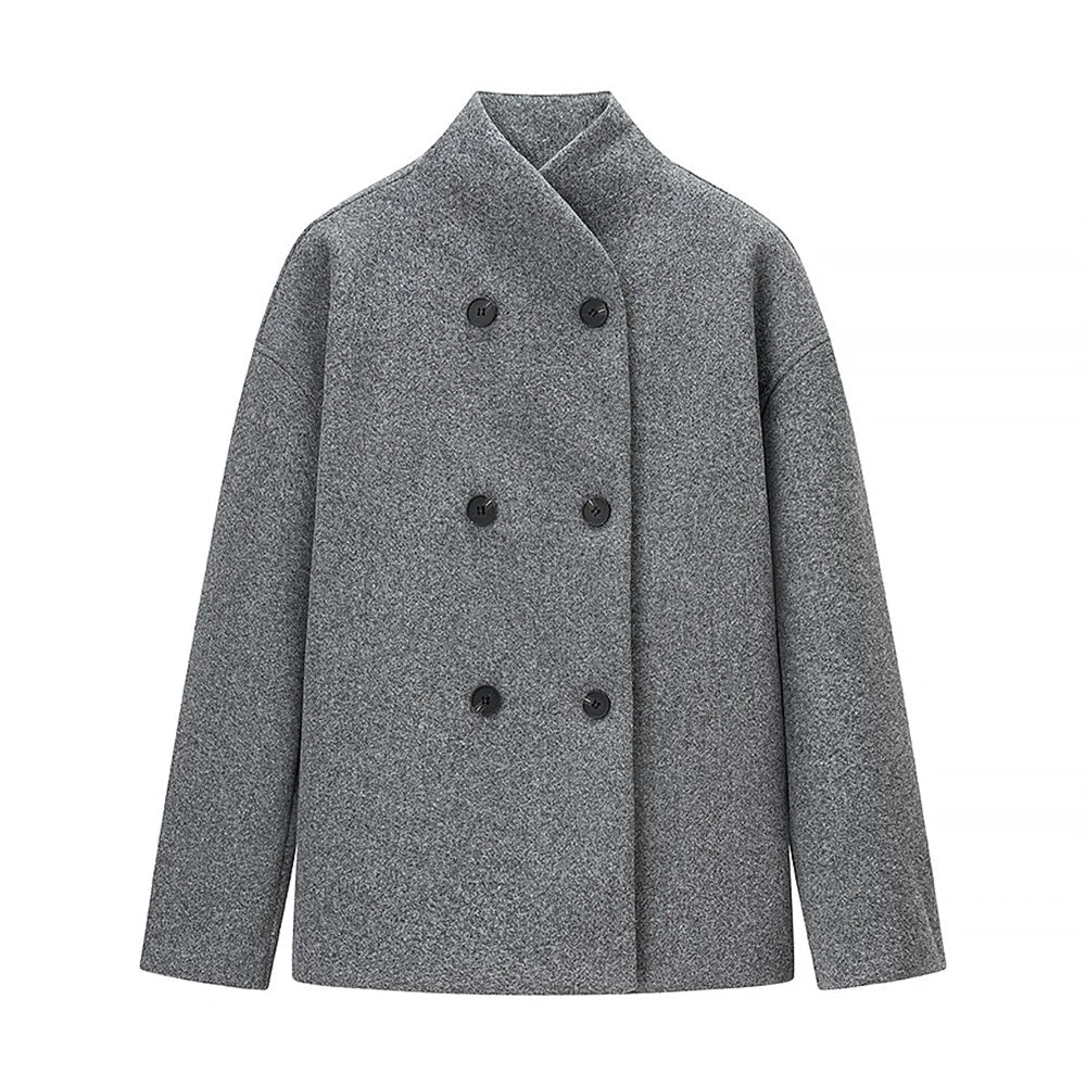 graue double breasted damenjacke im oversized fit minimalistisch