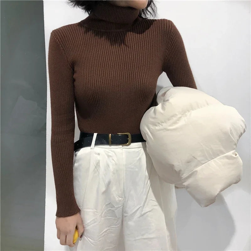 Norvielle Damen Strickpullover Hoher Kragen Gerippt