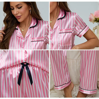 Damen Pyjama Set Zweiteiler Rosa Gestreift