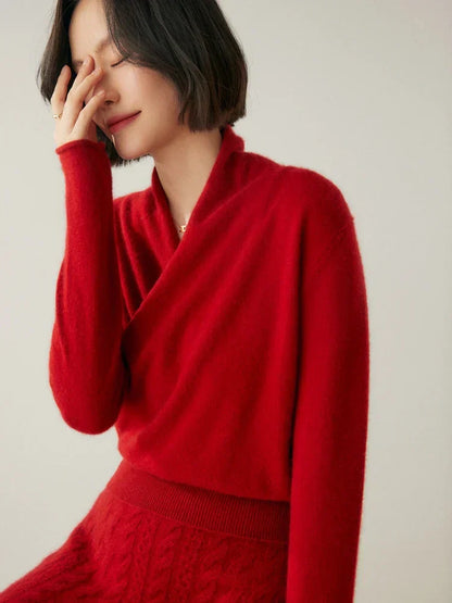 Damen Wickelpullover Elegantes Überkreuz-Design