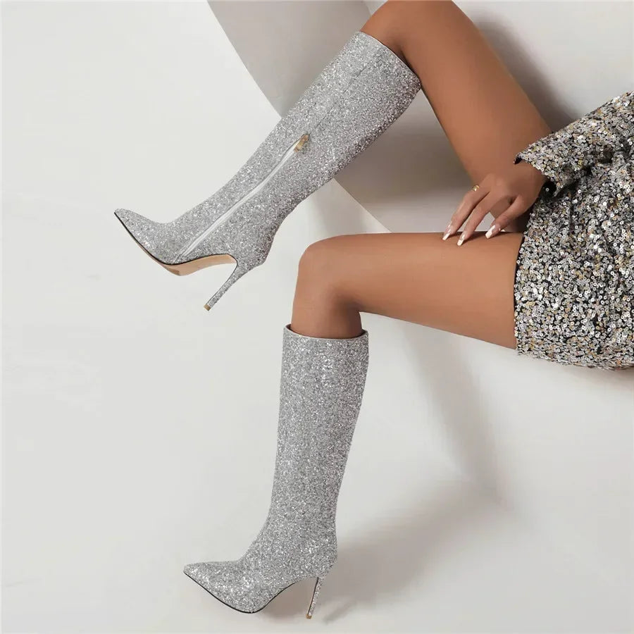 Lunéa Damen Glitzerstiefel Kniehoch Spitze Stiletto Schwarz - Norvielle
