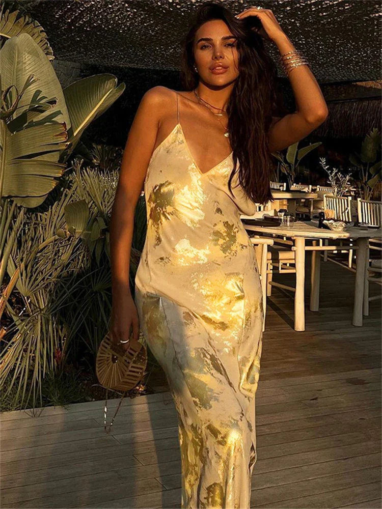 Damen Abendkleid Spaghettiträger Goldschimmer Rock - Norvielle