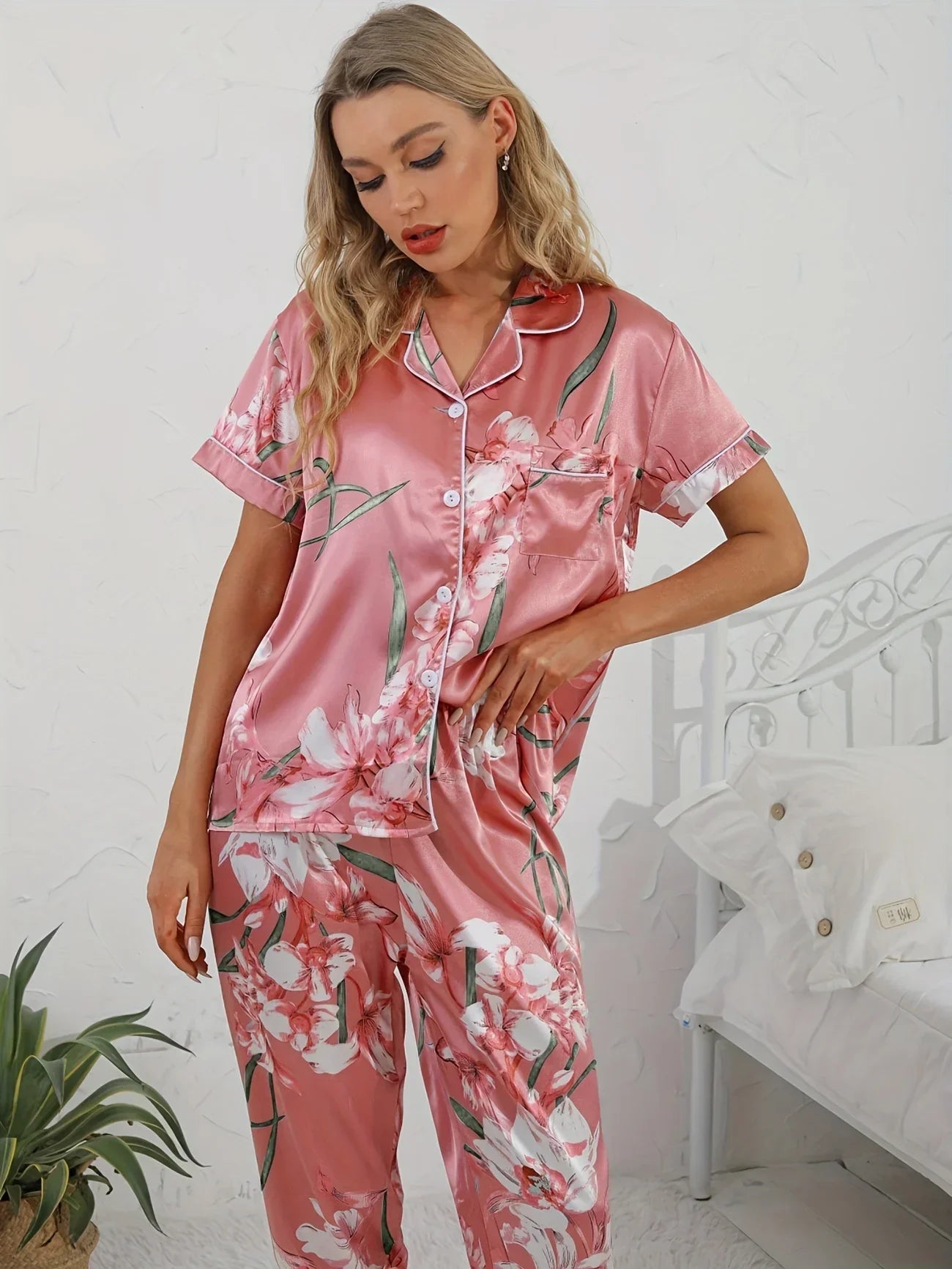 Damen Pyjama Set Rosa Blumenmuster Zweiteiler - Norvielle