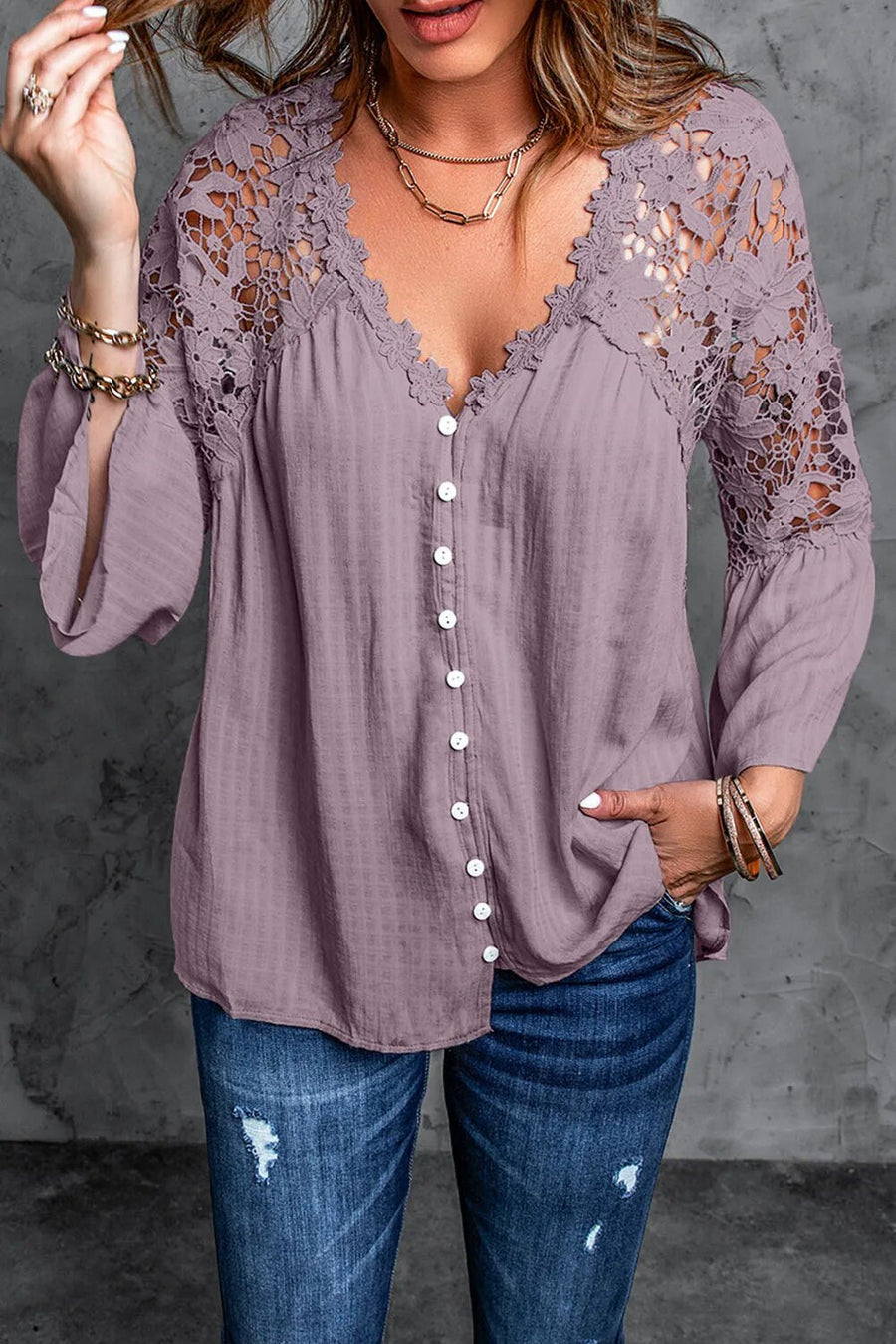 Damen V-Ausschnitt Bluse Spitze Ärmel Blumenmuster Elegante Bluse