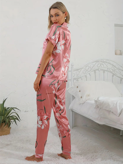 Damen Pyjama Set Rosa Blumenmuster Zweiteiler