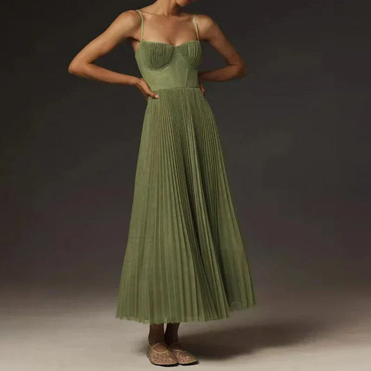 Grünes Plissiertes A-Linie Damenkleid - Norvielle