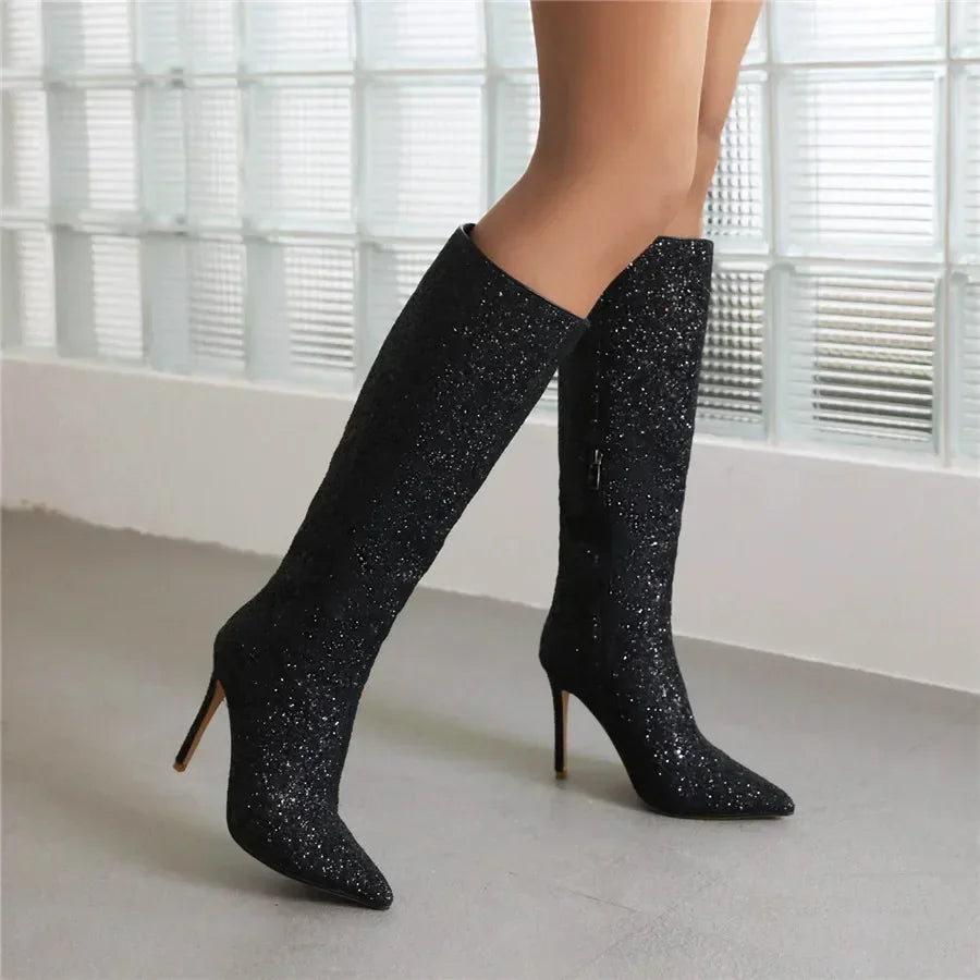 Lunéa Damen Glitzerstiefel Kniehoch Spitze Stiletto