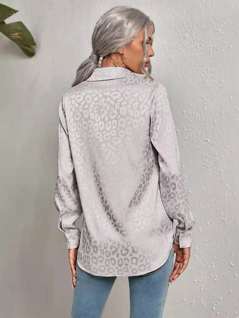 Damen Bluse Glanz-Effekt Langarm Knopfleiste
