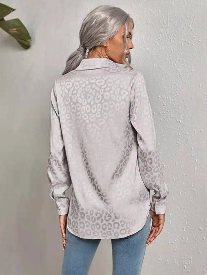 Damen Bluse Glanz-Effekt Langarm Knopfleiste