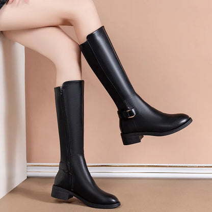 Damen Knee High Stiefel Metallschnalle Reißverschluss