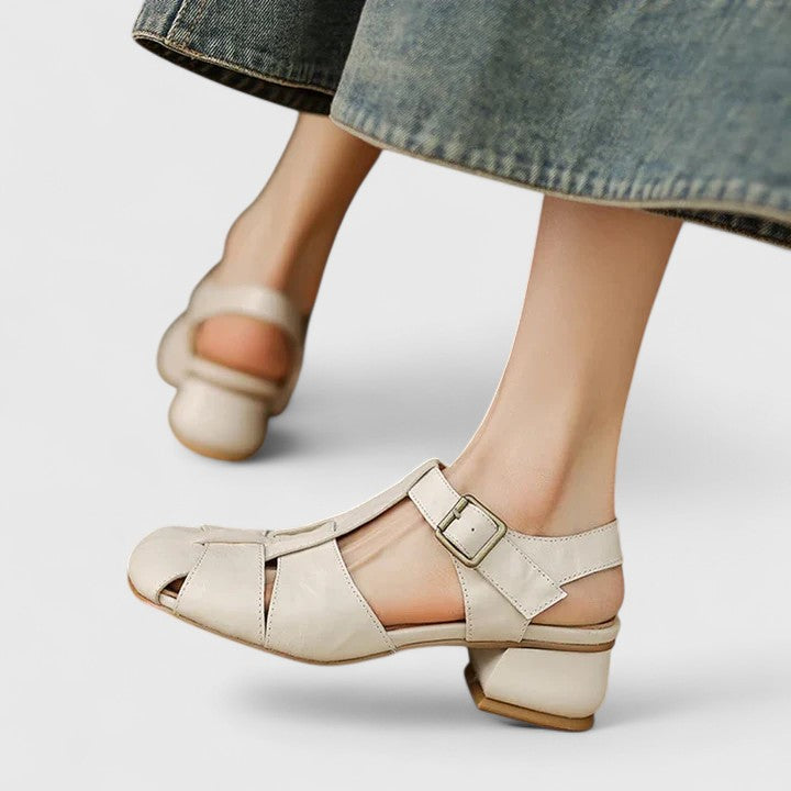 Damen Vintage-Sandalen Peeptoe Blockabsatz
