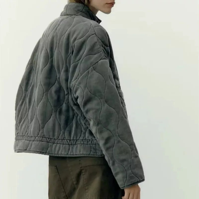Damen Bomberjacke Gesteppt Quiltmuster Leicht Beige
