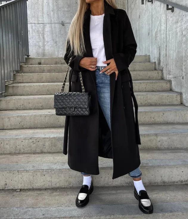 Damen Mantel Tailliert Mit Bindegürtel Elegantes