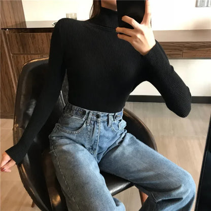 Norvielle Damen Strickpullover Hoher Kragen Gerippt - Norvielle
