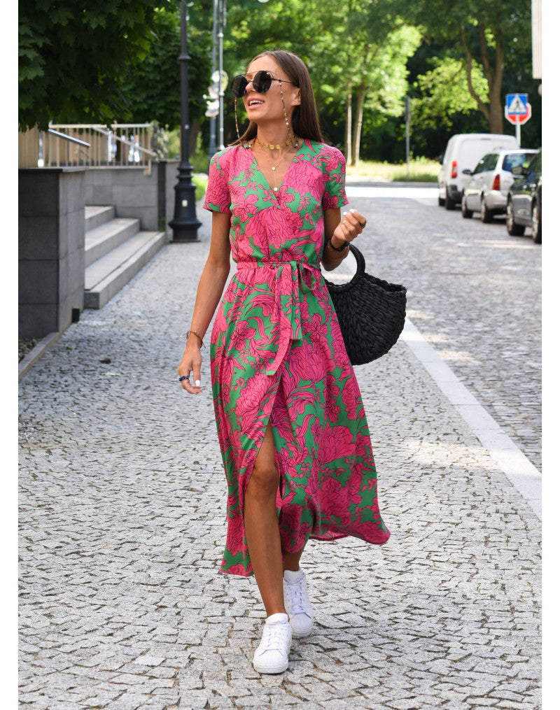 Damen Wickelmaxikleid V-Ausschnitt Kurzarm Bindegürtel Sommer - Norvielle