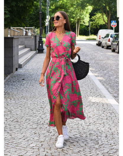 Damen Wickelkleid V-Ausschnitt Kurzarm Midi - Norvielle