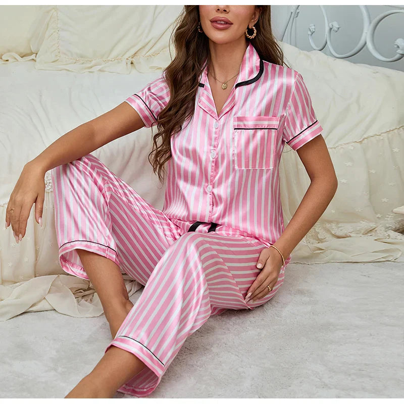 Damen Pyjama Set Zweiteiler Rosa Gestreift