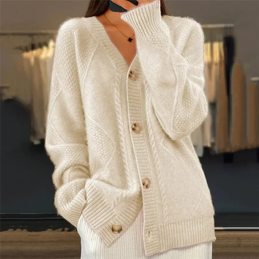 Damen Strick-Cardigan V-Ausschnitt Knopfleiste Beige