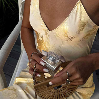 Damen Abendkleid Spaghettiträger Goldschimmer Rock