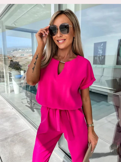 Norvielle Damen Jumpsuit Kurzärmelig Mit Gürtel Elegant