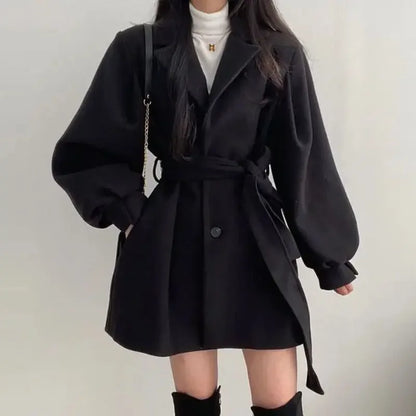 Damen Trenchcoat Puffärmel Bindegürtel
